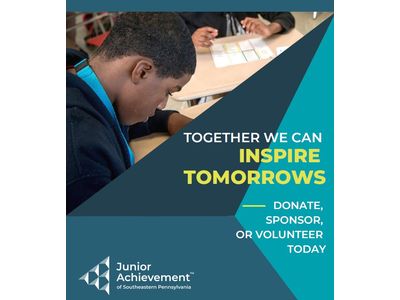 Graphic of student in a JA program. Text that says: Together we can inspire tomorrows. Donate, sponsor, or volunteer today.